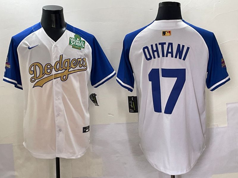 Men Los Angeles Dodgers 17 Ohtani White Blue Champion gold character Nike 2025 MLB Jersey style 50514